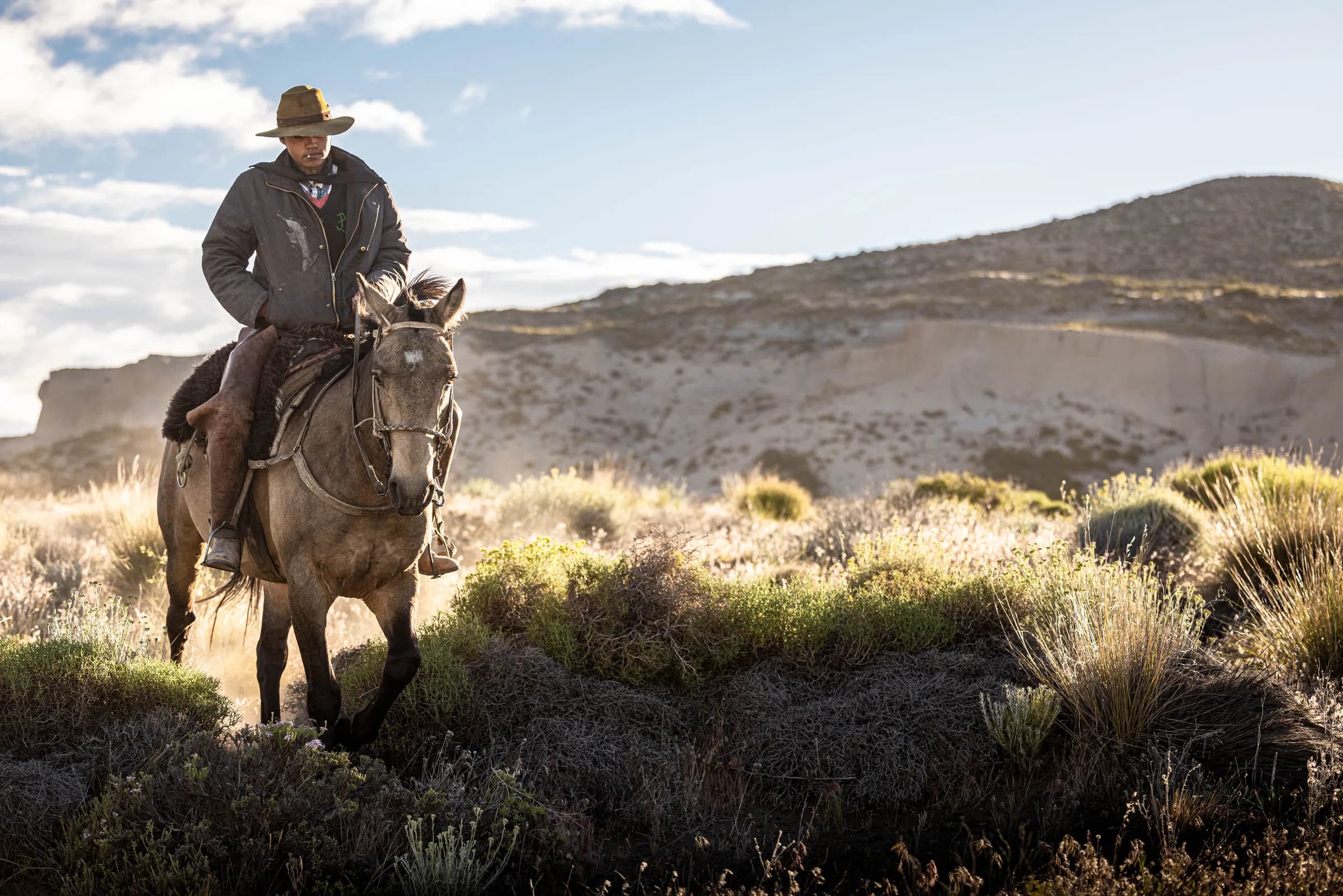 Un jinete al paso, con el cerro de fondo